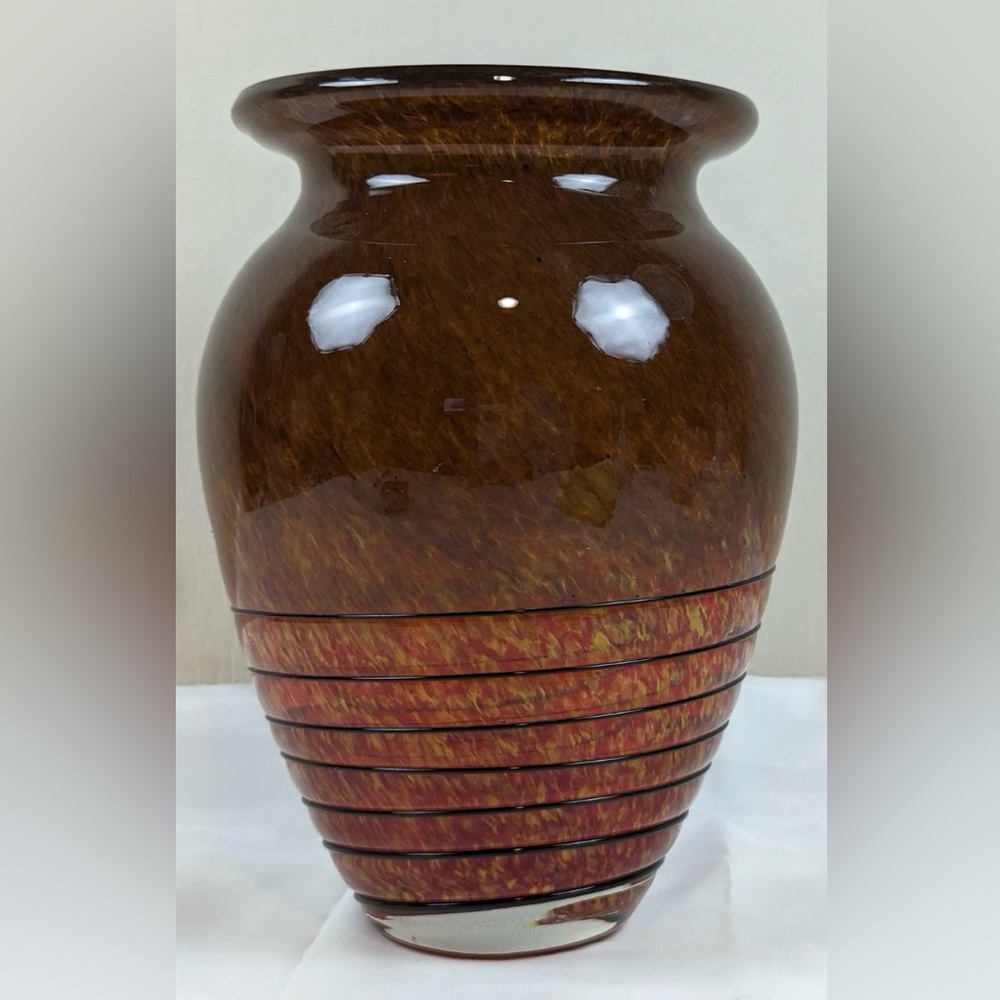 Bohemian Czech Art Glass Vase Orange Yellow Brown w Black Glass Rings c 1930s